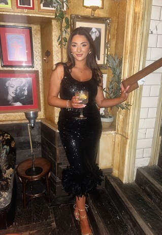 BLACK SEQUIN MIDI DRESS WITH FAUX FEATHER TRIM