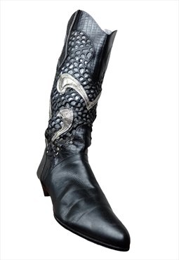 Vintage 80s Cowboy Boots Mid-Calf Black Leather Western