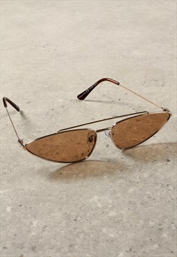 Coffee Brown Oval Cat Eye Thin Framed Sunglasses