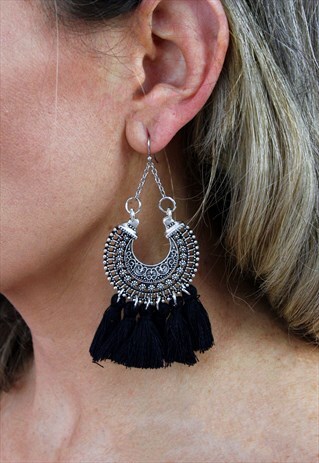BLACK TASSEL FRINGE DROP CHANDELIER EARRINGS