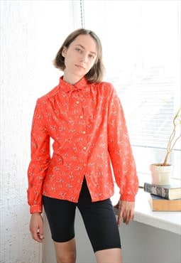 Vintage 70's Bright Red Abstract Print Blouse