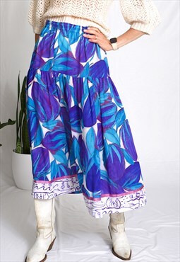 90s summer beach skirt blue chiffon fabric abstract print