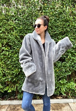 Cosy Grey Chunky Faux Fur Jacket Large