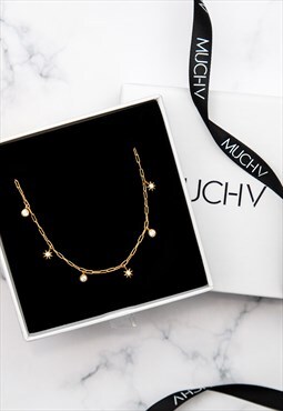 Women's Charm Choker or Necklace With Moon and Star - Gold