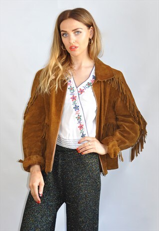VINTAGE 70S TAN BROWN FRINGE SUEDE JACKET