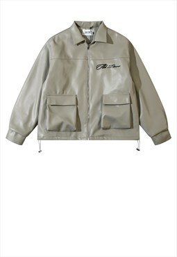 Faux leather aviator jacket grunge cargo pocket varsity grey