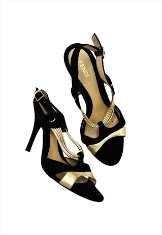 Fendi Heels Sandals Black Gold Open Toe Vintage EU 37