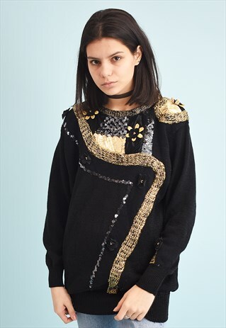 80'S RETRO SEQUINED SHIMMER EMBROIDERED MOMS KNIT JUMPER
