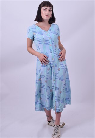 VINTAGE 90'S BLUE CRAZY SHELL PRINT DRESS SIZE 10 12 14