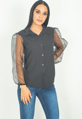 BLACK POLKA DOT MESH PUFF SLEEVES SHIRT