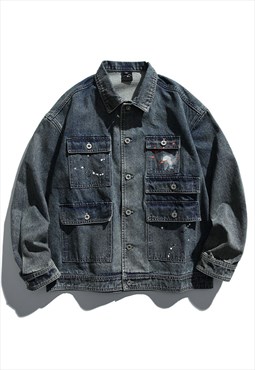 Utility denim jacket cargo pocket jean bomber in acid blue