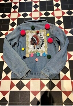 Rework denim Pom Pom Indian head dress detailing 