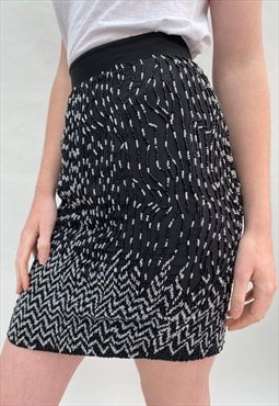 80's Deadstock Ladies Beaded Black Grey Pencil Skirt