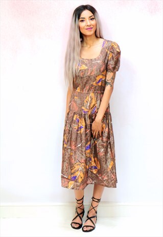 1980S VINTAGE BROWN SILKY MIDI DRESS