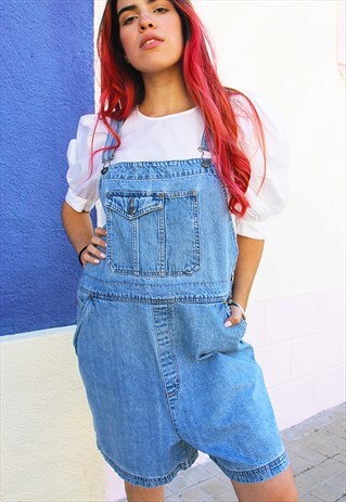 LIGHT WASH BLUE DENIM DUNGAREE SHORTS