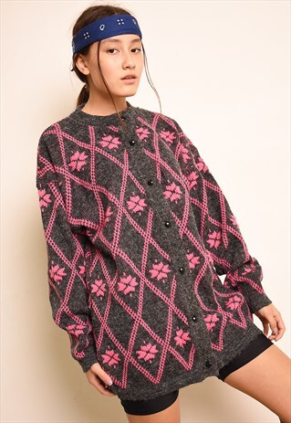 80'S RETRO FAIR ISLE PATTERN WOOL KNIT CARDIGAN
