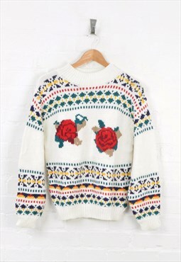 Vintage Floral Print Knitwear Jumper White Ladies Small