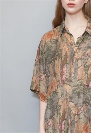 VINTAGE 1990'S GREEN LEAF ABSTRACT PRINT OVERSIZED SHIRT