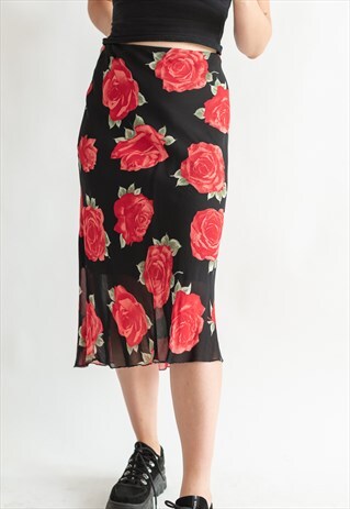 VINTAGE 90S GRUNGE MIDI SKIRT IN ROSE PATTERN