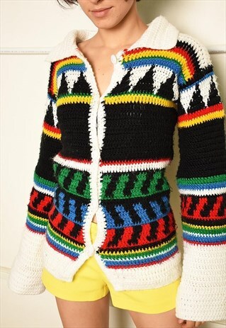 70'S RETRO BOHO STYLE PARIS CHIC CROCHET KNIT CARDIGAN