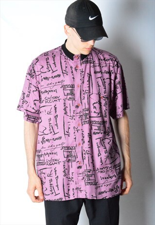 VINTAGE 80S PURPLE GRAPHIC COLLARLESS SHIRT
