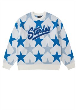 Star print sweater retro patch knitted jumper in white