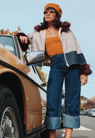 LEOPARD PRINT & DENIM JACKET WITH FAUX FUR