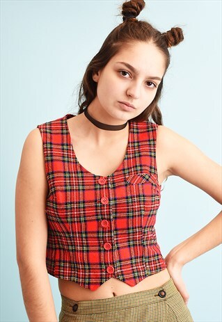 Y2K TARTAN PRINT TOP GILET