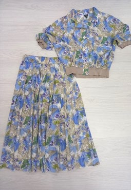 80's Vintage Two Piece Top Skirt Blue Multi Floral