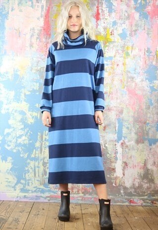 OVERSIZED MAXI DRESS IN BLUE STRIPES WITH COWL NECK