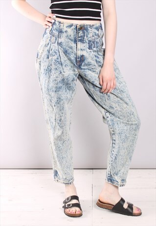 VINTAGE 80S ACID WASH PLEAT FRONT CROPPED MOM JEANS