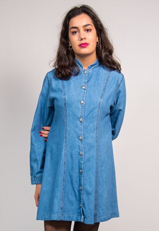 90'S VINTAGE LIGHT BLUE DENIM LONG SLEEVE DRESS
