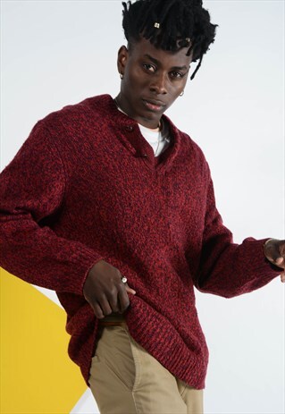VINTAGE BUTTON NECK KNITTED JUMPER IN RED