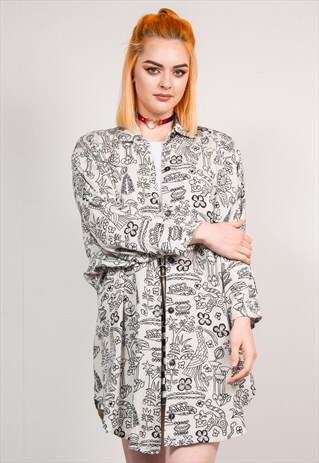 90'S VINTAGE MONOCHROME JUNGLE ANIMAL PATTERN OVERSIZE SHIRT