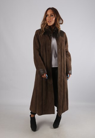VINTAGE SHEEPSKIN SUEDE SHEARLING COAT LONG UK 16 XL (94E)