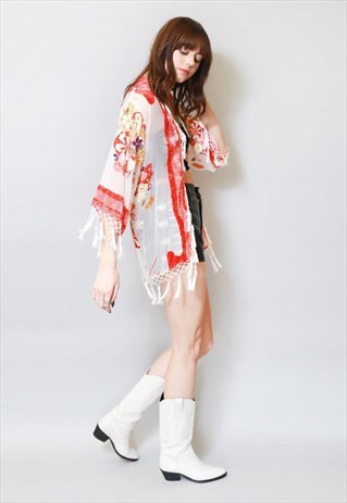 VINTAGE STYLE WHITE & RED SILK VELVET TASSEL FESTIVAL KIMONO