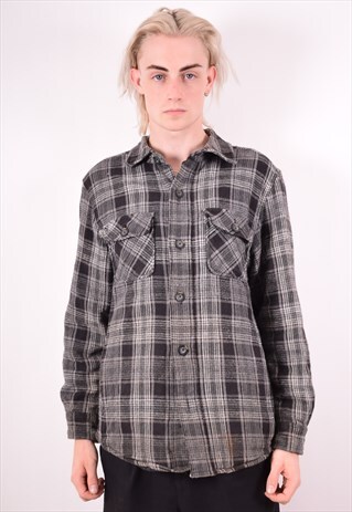 MENS VINTAGE FLANNEL SHIRT MEDIUM GREY CHECK 90S