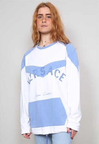 VINTAGE 90'S VERSACE JEANS OVERSIZED WHITE/ BLUE SWEATSHIRT