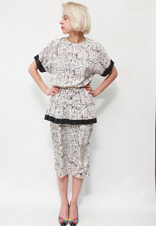 VINTAGE 80'S BEAUTIFUL ELEGANT WHITE ZIGZAG MIDI DRESS