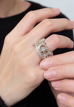 Fleur De Lis Crown Tiara Statement Solid Ring 925 Silver