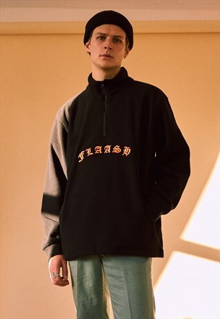 1/4 ZIP PULLOVER FLEECE IN BLACK WITH EMBROIDERED DESIGN