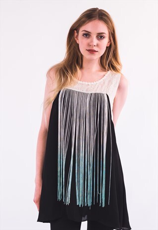 GREEN FRINGED CHIFFON LACE SHOULDER LONG VEST (BLACK)