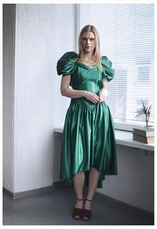 VINTAGE 60'S MIDI GREEN PUFF SLEEVE DRESS