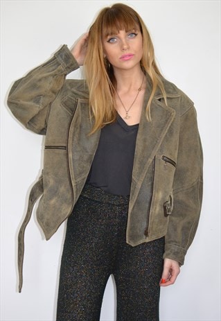 VINTAGE 70S TAUPE BROWN SUEDE LEATHER BIKER JACKET