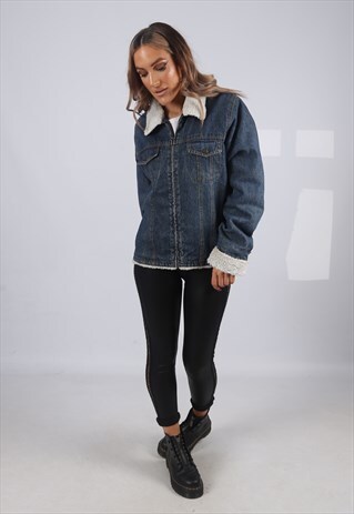 VINTAGE Y2K DENIM JACKET OVERSIZED SHERPA UK 14 L (G5CU)