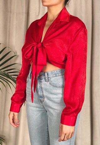 BRIGHT RED TEXTURED SILKY PLUNGING TIE FRONT SHIRT