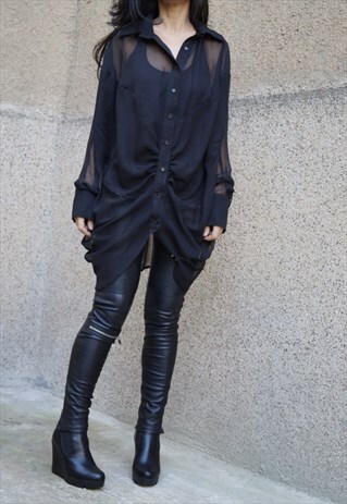 FASHION SHIRT OVERSIZED TOP BLACK BLOUSE CONVERTIBLE F1520