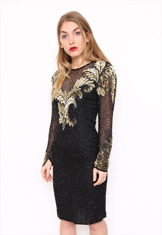 VINTAGE 80S SILK SEQUIN BEAD EMBELLISHED PARTY DRESS