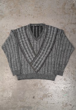Vintage Abstract Knitted Jumper Grey Patterned V-Neck