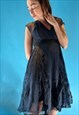 Vintage 1990s Navy Sheer Tea Dress with Paisley Embroidery